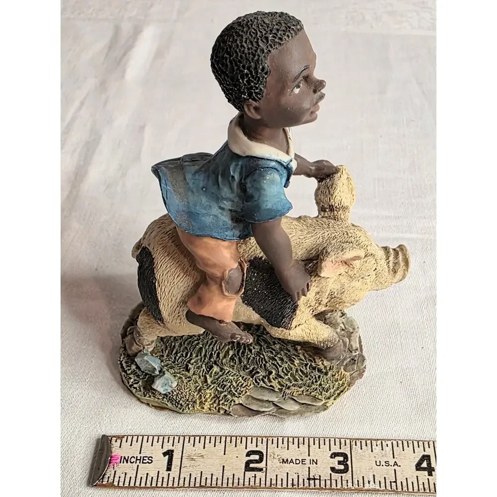 Vintage African American Boy Pig Herder/Rider Figurine Ceramic/Resin 4 1/2